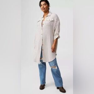 Torrid Size 2 Flannel Gauze Oversized Striped Shacket Deep Taupe And Cream Boho